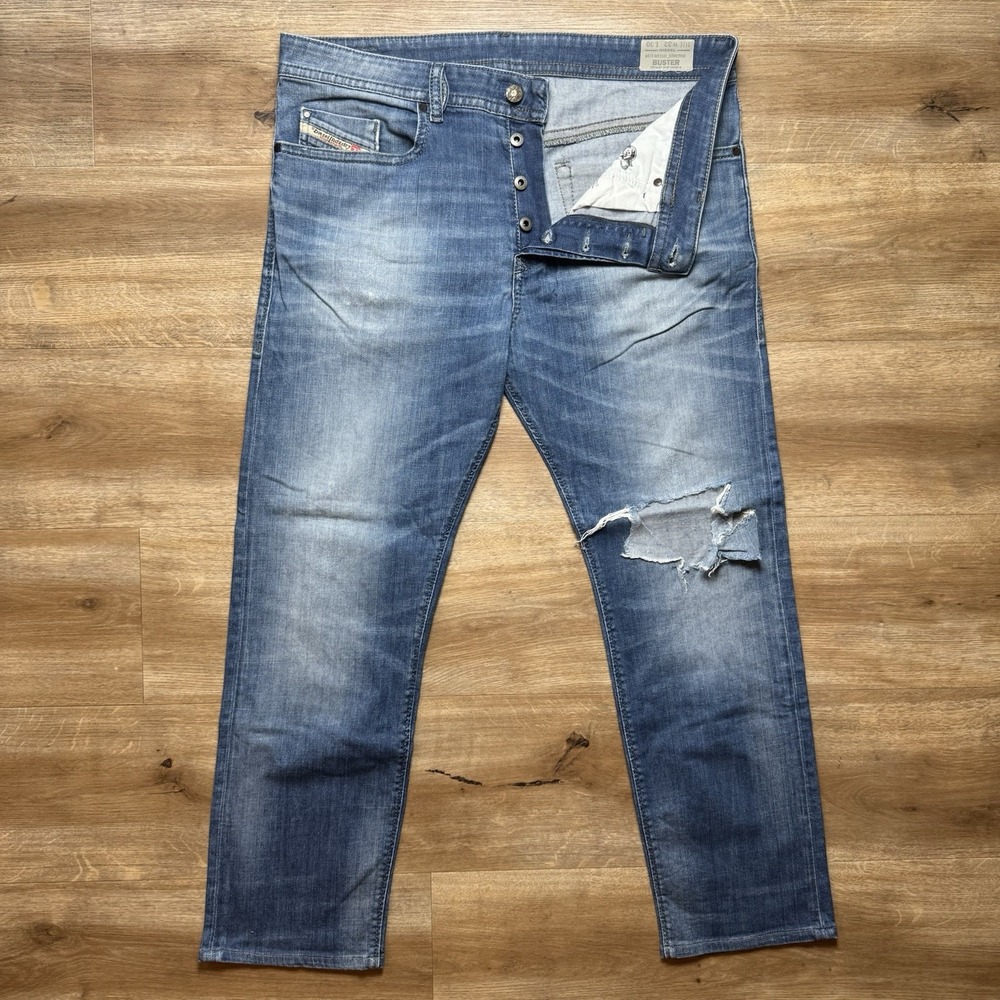 Diesel Buster Jeans Mens 32x27 Blue Distressed Slim Tapered Stretch Denim 0831D